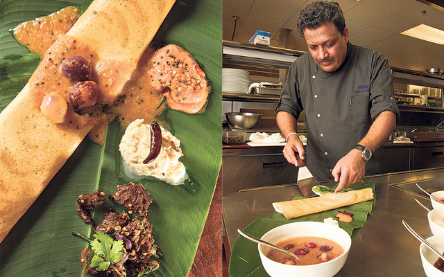CINDY ELLEN RUSSELL/CRUSSELL@STARADVERTISER.COM South Indian street food features dosa, a crepe made from rice and lentil flour and topped with shambar, with tomato chutney, coconut chutney and beef-chili fry. Vikram Garg, executive chef at the Halekulani, will present a selection of Indian street food at a special benefit event Jan. 31.